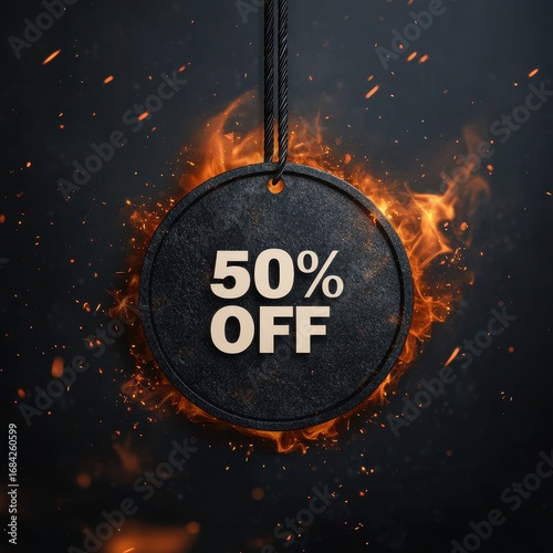 Hot sale promotional mockup with 50% off black tag and fire flames — discount banner template