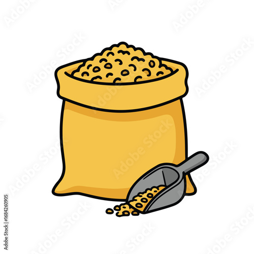 A cartoon sack of yellow grain with a scoop of grain beside it