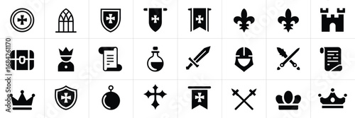 Medieval Icon Set – Black Line Icons for Fantasy, Heraldry, Warfare, and Alchemy