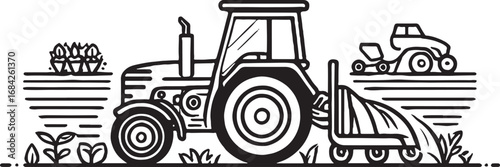Vintage Farm Equipment Line Art Illustration Showcasing Tractor Planter and Lawnmower in Black and White Design