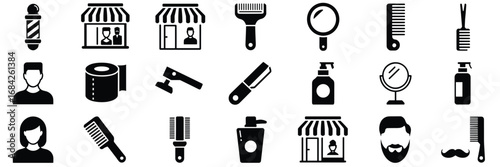 Barbershop and Hair Care Icon Set – Black Line Icons for Grooming, Styling Tools, and Salon Branding