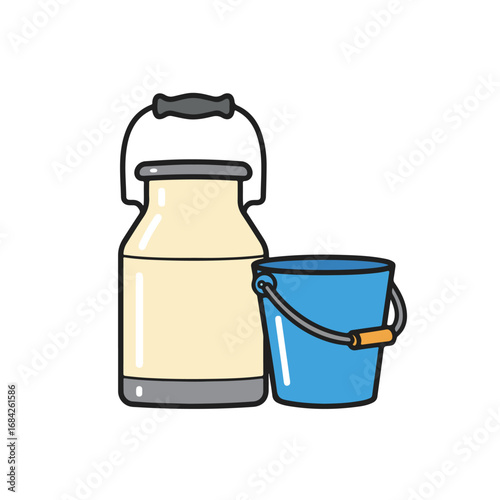 A creamcolored milk can and a blue bucket with orange handles