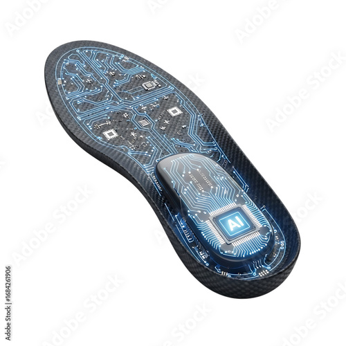 Futuristic smart shoe insole with integrated electronics and sensor technology for health monitoring isolated on transparent background