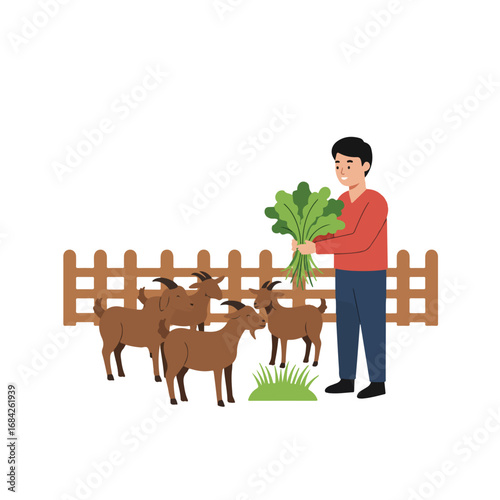 A farmer feeds leafy greens to goats behind a wooden fence
