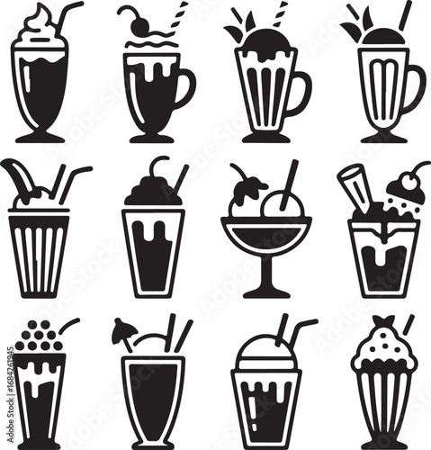Assortment of Delicious Milkshake and Ice Cream Sundae Icons dessert drink