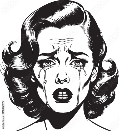 Vintage Comic Book Style Woman Crying with Dramatic Tears and Expression of Sadness and Distress Isolated