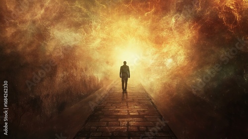 A lone figure walks towards a bright light at the end of a path through a cloudy, fiery sky.