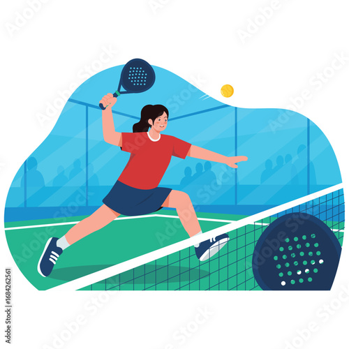 Padel Sport Illustration. Vector illustration of A woman lunges forward to return the ball with a powerful forehand on a glass walled padel court. Isolated on background