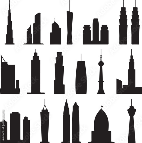 Silhouette icons of famous skyscrapers and modern city buildings worldwide Keywords: skyscraper