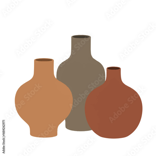 Three minimalist ceramic vases in a 2D flat vector graphic style are artfully arranged, featuring clean lines and solid earthy tones, isolated on a crisp white background.