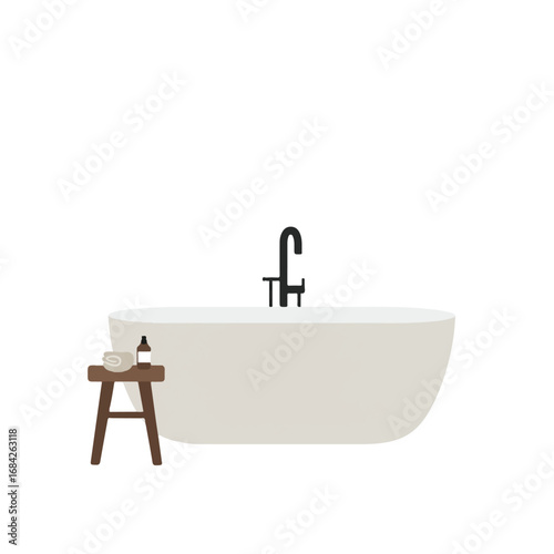 A minimalist bathroom interior with a freestanding bathtub and a small wooden stool, presented in a clean 2D flat vector illustration style using serene solid colors, isolated on a white background.
