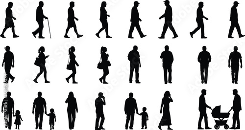 Vector silhouettes of diverse people walking, standing, and interacting with children and strollers, representing everyday urban lifestyle scenes.