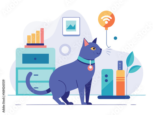 Stylish purple cat wearing smart collar in modern room with abstract decor elements