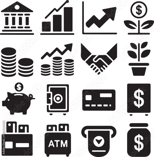 Sixteen black silhouette icons representing finance and banking services money investment