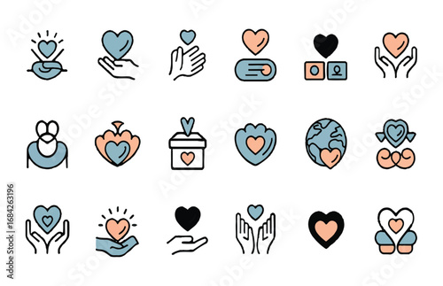 Charity Hearts Icons Collection Symbols of Care and Kindness