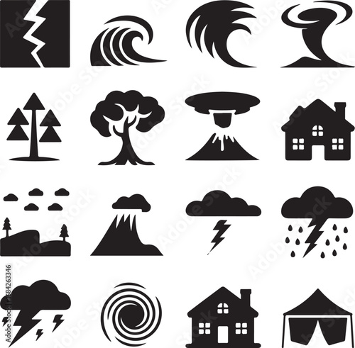 Set of natural disaster and weather condition icons Keywords: earthquake, tsunami, hurricane