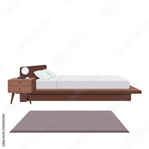 A tranquil minimalist bedroom scene with a stylish platform bed and single nightstand is depicted as a clean 2D flat vector illustration using soft solid colors.