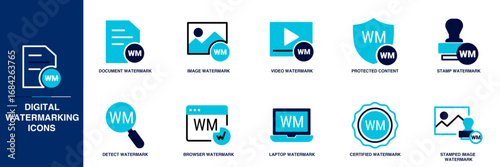 Digital Watermarking Blue Colored Outline Icon Set
