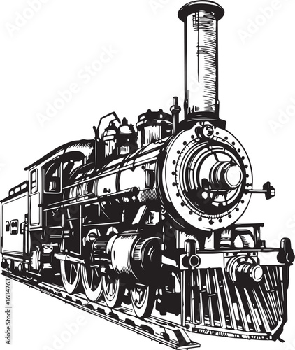 Vintage Steam Locomotive Train Engine Black and White Illustration Graphic for Transportation and Historical Concepts