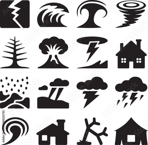 Collection of Natural Disaster and Weather Icons in Black Silhouette Keywords: earthquake