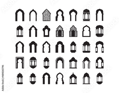 Flat vector illustrations of Arabic arch doorways, frames, or lantern silhouettes. Islamic Ramadan Kareem frames.