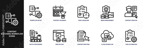 Content Batching Workflow Line Icon Set