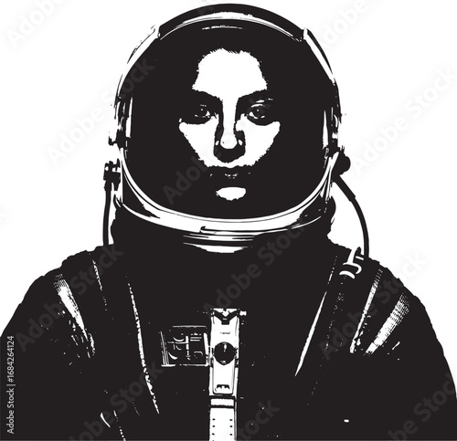 Woman in Astronaut Suit Depicted in Black and White Graphic Style Ready for Space Travel and Exploration of the Cosmos