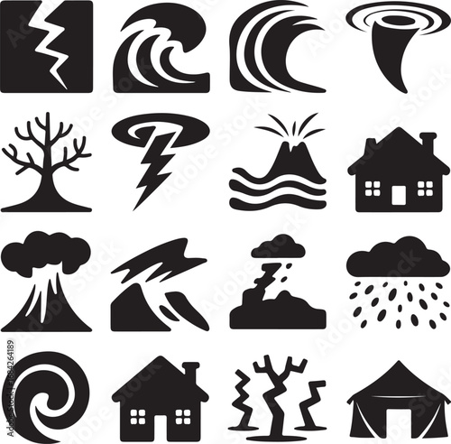 Collection of Natural Disaster and Weather Event Icons earthquake tsunami