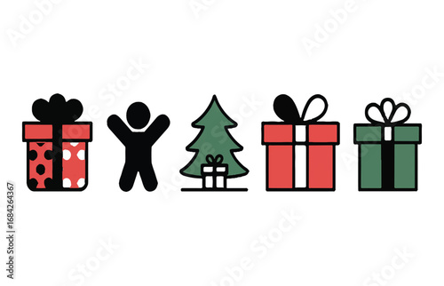 Christmas Cheer Festive Icons Featuring Gifts, Tree, and Joyful Figures
