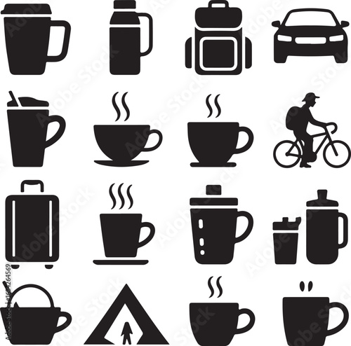 Assorted Travel and Beverage Icons with Coffee Cups travel mug thermos