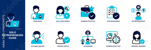 Solo Entrepreneurs Blue Colored Outline Icon Set