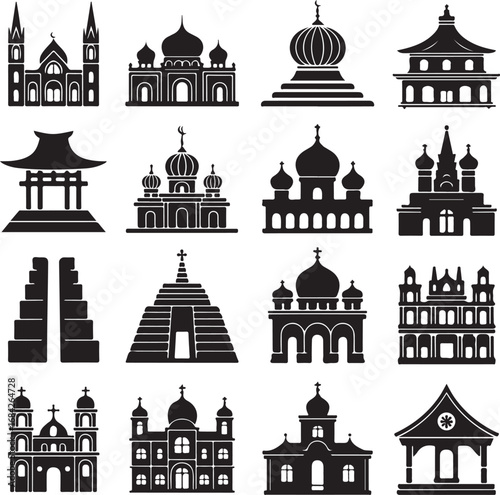 Collection of diverse architectural building silhouettes from around the world architecture