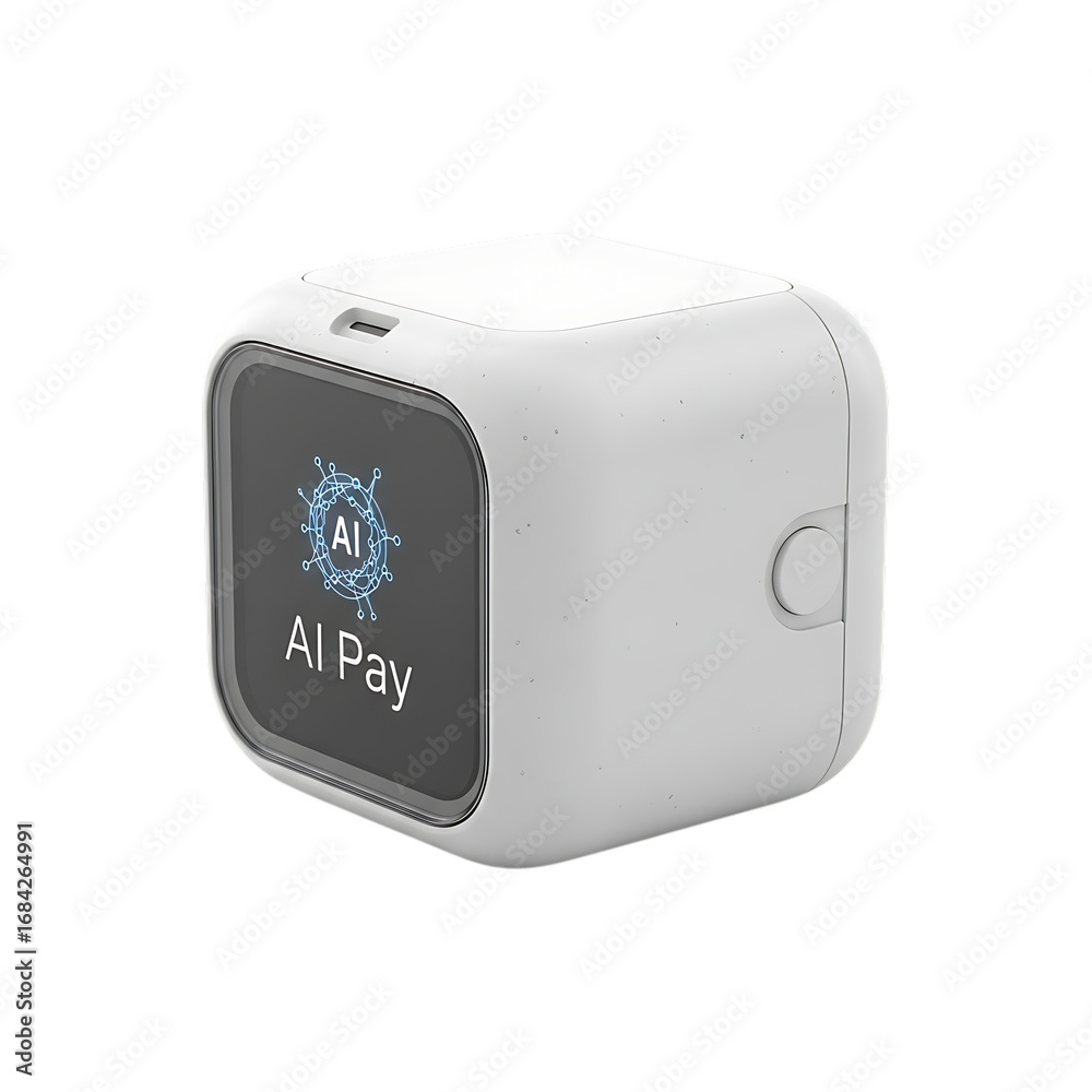 Fototapeta premium Modern white cube-shaped device displaying 'apple pay' logo and interface on a for digital payment and technology concepts isolated on transparent background