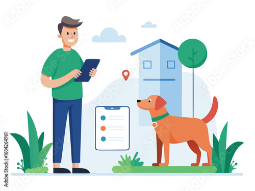 Man with tablet interacting with dog outdoor smart home technology concept