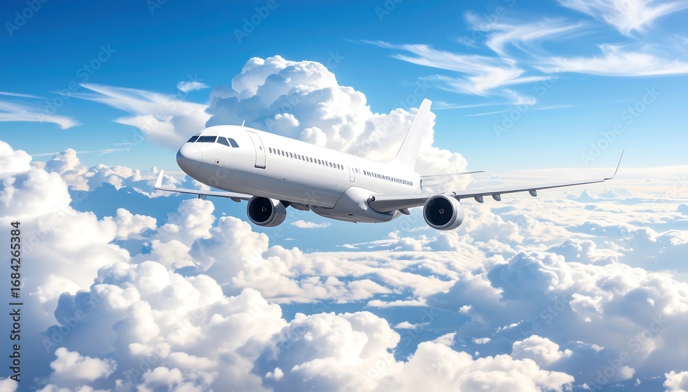 Fototapeta premium A white jet plane soars above a vast expanse of fluffy, white clouds against a vibrant blue sky.