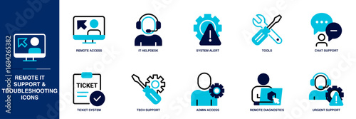Remote IT Support & Troubleshooting Blue Colored Outline Icon Set