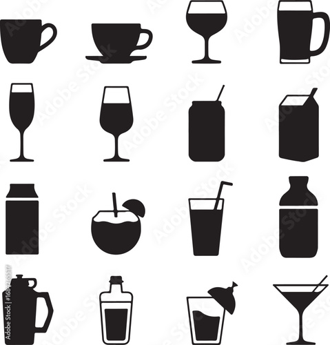 Collection of black beverage and drink icons on white background Keywords: cup, coffee cup