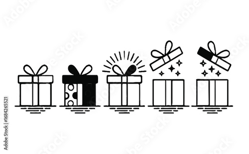 Minimalist Black and White Vector Icons Depicting the Process of Receiving and Opening Presents