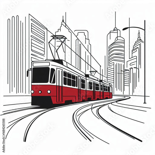Red tram traveling through a cityscape with skyscrapers and outline style  