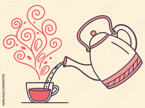 Minimal flat design of teapot pouring tea into glass, vapor drawn as abstract line art