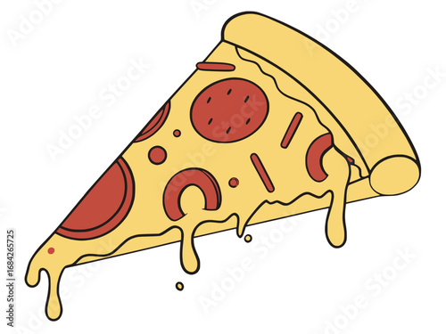 Vector illustration of slice of pizza with melting cheese forming abstract shapes, solid bright colors on white