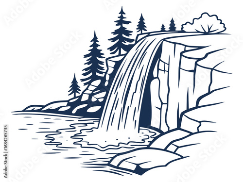 Line art vector of waterfall flowing into lake, stylized geometric shapes, white background