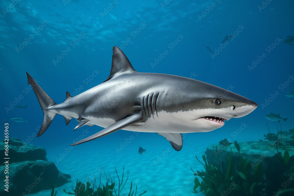 Naklejka premium Majestic Oceanic Shark: Underwater Predator