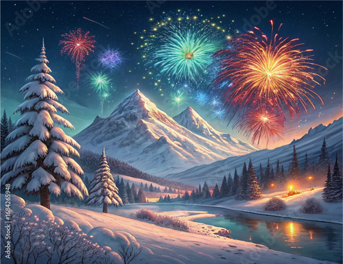 Fireworks Over Snowy Mountains