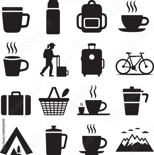 Black silhouette icons of travel and beverages on white background Keywords: mug, thermos