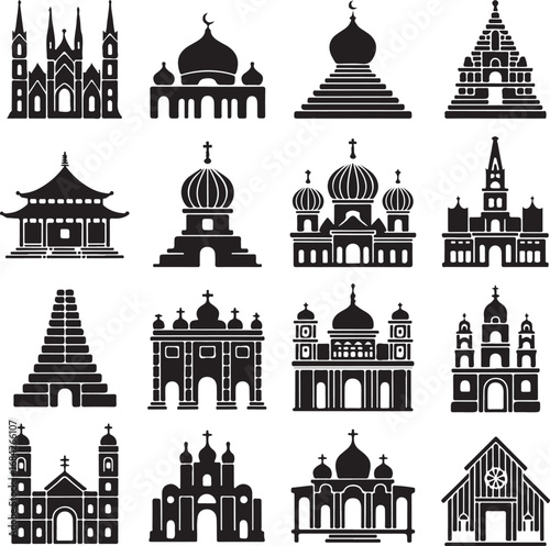 Collection of diverse religious and architectural building silhouettes architecture church