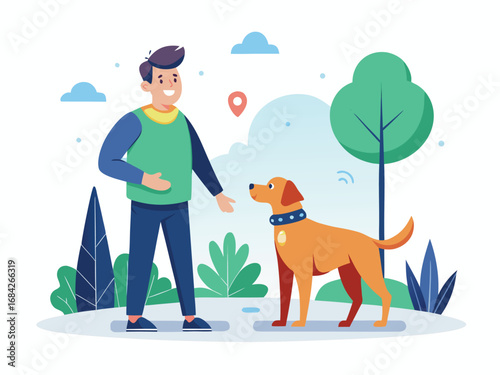 Man and dog in park with smart collar enjoying outdoor activity and nature scenery