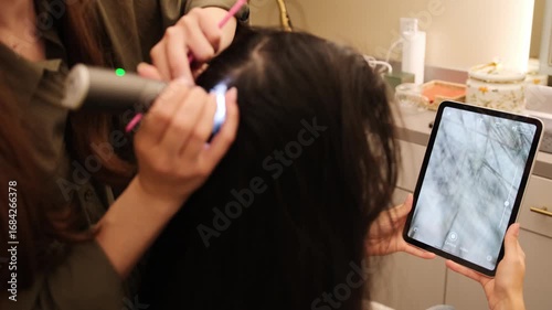 Close-up of a woman with hair problems undergoing a scalp examination by a trichologist