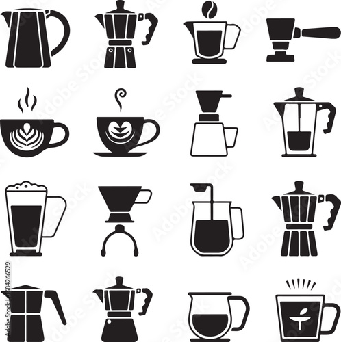Assorted coffee making equipment and hot beverages in silhouette hot drink espresso machine