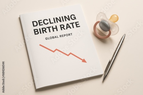 Declining global birth rate report with pacifier and pen on desk